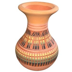 Vintage Navajo Hand Painted Terracotta Vase Geometric Pattern Earth Tones